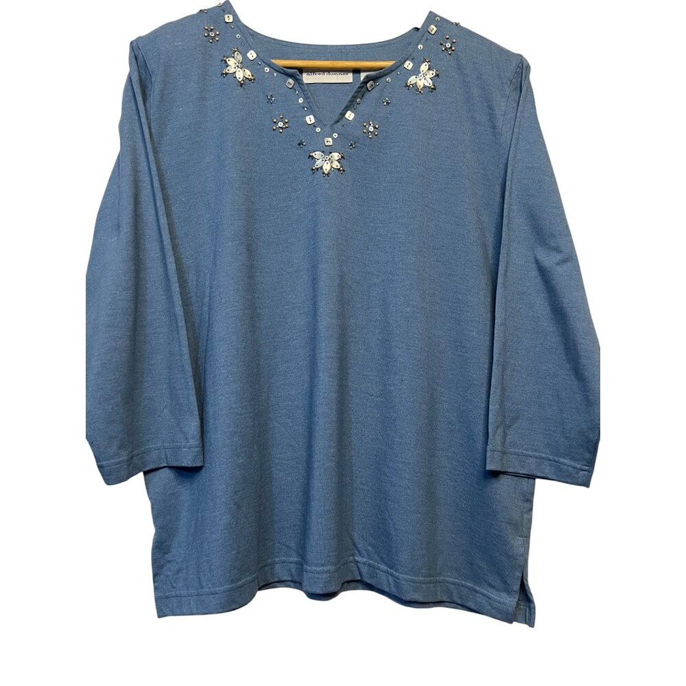 Alfred Dunner Women Blue Embellished Sequin Neckline 3/4 Sleeve Top L  Popover